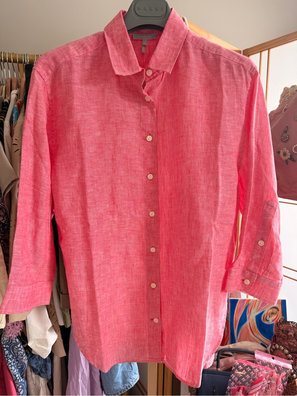 NWT Hinson Wu Pink 100% Linen Button Front Shirt Roll Tab Sleeve Blouse Size S